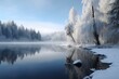 A wintery scenery featuring a frozen lake and snow-capped trees. Generative AI