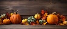 Autumn Themed Wooden Backdrop Adorned With Pumpkins Gourds And Leaves