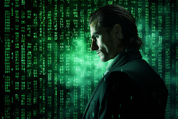 Portrait of a man in a business suit on a background of binary code