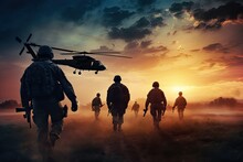 Military Soldiers With Helicopter In The Field At Sunset. Military Concept, Infantry Soldiers And Helicopters On A Sunset Background, Anonymous Faces, AI Generated