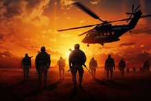 Silhouettes Of Soldiers With A Helicopter On The Background Of Sunset, Infantry Soldiers And Helicopters On A Sunset Background, Anonymous Faces, AI Generated