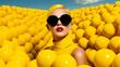 a model wearing yellow sunglasses in a field of yellow balls, in the style of bold and graphic compositions, bold fashion photography