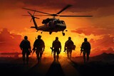 Silhouette of soldiers with a helicopter on the background of the sunset, Infantry soldiers and helicopters on a sunset background, anonymous faces, AI Generated