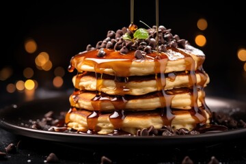 Wall Mural -  a stack of pancakes covered in syrup and chocolate chips on a plate.  generative ai