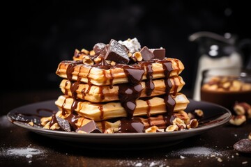 Wall Mural -  a stack of waffles with chocolate drizzled on top.  generative ai