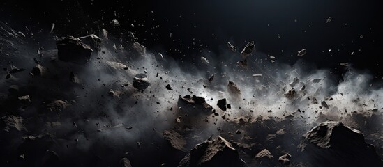 Artificial Intelligence rendered debris with dust on black background