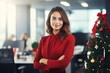 Happy Business Woman With Crossed Arms Looking at Camera During Christmas in Office