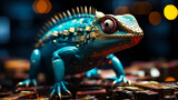 3D render of a digital chameleon blending into various technological backgrounds like circuit boards, binary codes, and pixelated terrains, symbolizing adaptability in the digital transformation era.