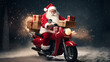 © Victor - Santa Claus riding a scooter with presents in his hands on dark backgroundgenerativa IA