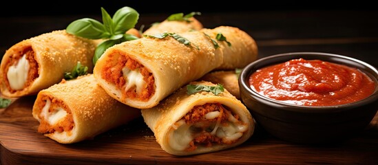 Wall Mural - Cheesy homemade pizza roll appetizers with tomato sauce