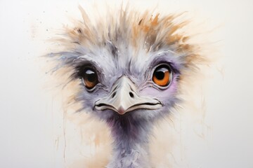 Wall Mural - Adorable pastel illustration: Baby ostrich portrait for kids room, clean design on white backdrop..