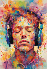 Watercolor painting of a man with headphones