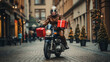 Handsome motorcyclist in leather jacket and helmet with gift boxes on his scooter. generativa IA
