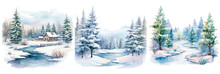 Set Of Watercolor Winter Landscape, River, Forest,  Isolated On Transparent Background
