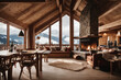 Alpine ski resort chalet interior with wooden beams, a roaring fireplace, and mountain views.