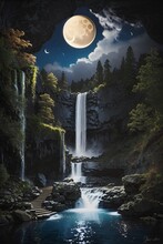 A Painting Of A Waterfall And Moon In The Night