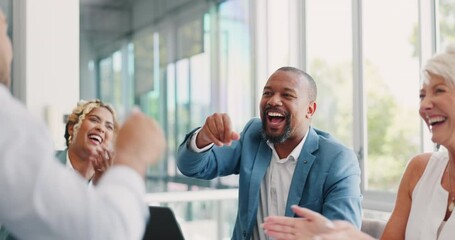 Leinwandbilder - Handshake, excited business people and greeting with applause for meeting, agreement and congratulations of deal, partnership and success. Workers shaking hands, clapping and welcome team employee