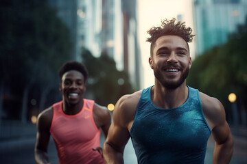 Generative AI portrait of happy young people running cross marathon jogging enjoying active lifestyle