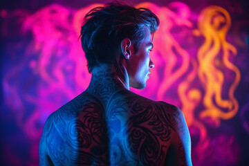 Wall Mural - AI generated photo of muscular tattooed man in tattoo studio with neon illumination