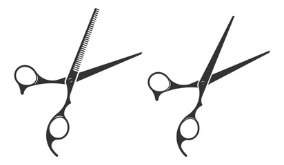 Set hair cut scissor icon. Scissors vector design element or logo template. Black and white silhouette isolated.