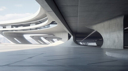 Poster - futuristic concrete architecture with car park, empty cement floor. generative ai