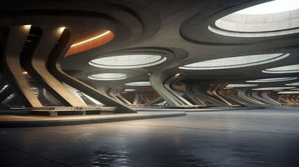 Poster - futuristic concrete architecture with car park, empty cement floor