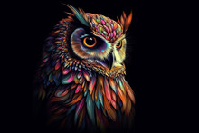 Illustration Of An Owl With A Multicolored Pattern On A Black Background