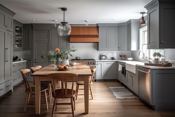 Große Küche mit Essbereich und Arbeitsplatten. Kochen, wohnen und leben in der Küche. Einbauschränke aus Holz und helle Fenster.