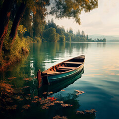 Wall Mural - Rustic lake boat. Lake wallpaper. Lake water landscape. Generative AI