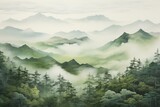 Fototapeta Las - Landscape painting depicting green mountains, forests, clouds, and mist. Generative AI