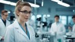 © Adi - eautiful young woman scientist wearing white coat and glasses in modern Medical Science Laboratory
