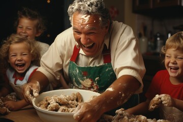 Poster - A man and children are making cookies in a kitchen, AI