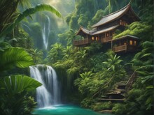 Japanese Garden With Waterfall