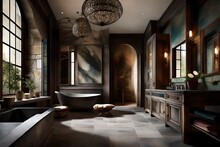 Bathroom In An Old World European Style, Clean Modern Design Featuring Aged Stone And Deep Jewel Tones