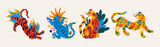 Fototapeta Fototapety na ścianę do pokoju dziecięcego - Abstract cartoon tigers in tropical retro style 90s.Hippie groovy animals hand drawn