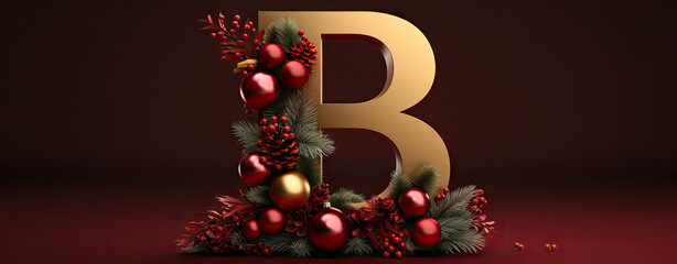 capital letter b christmas card with christmas decoration, red gold snow background, logo