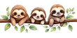 Cute cartoon baby sloths, flat vector, isolated