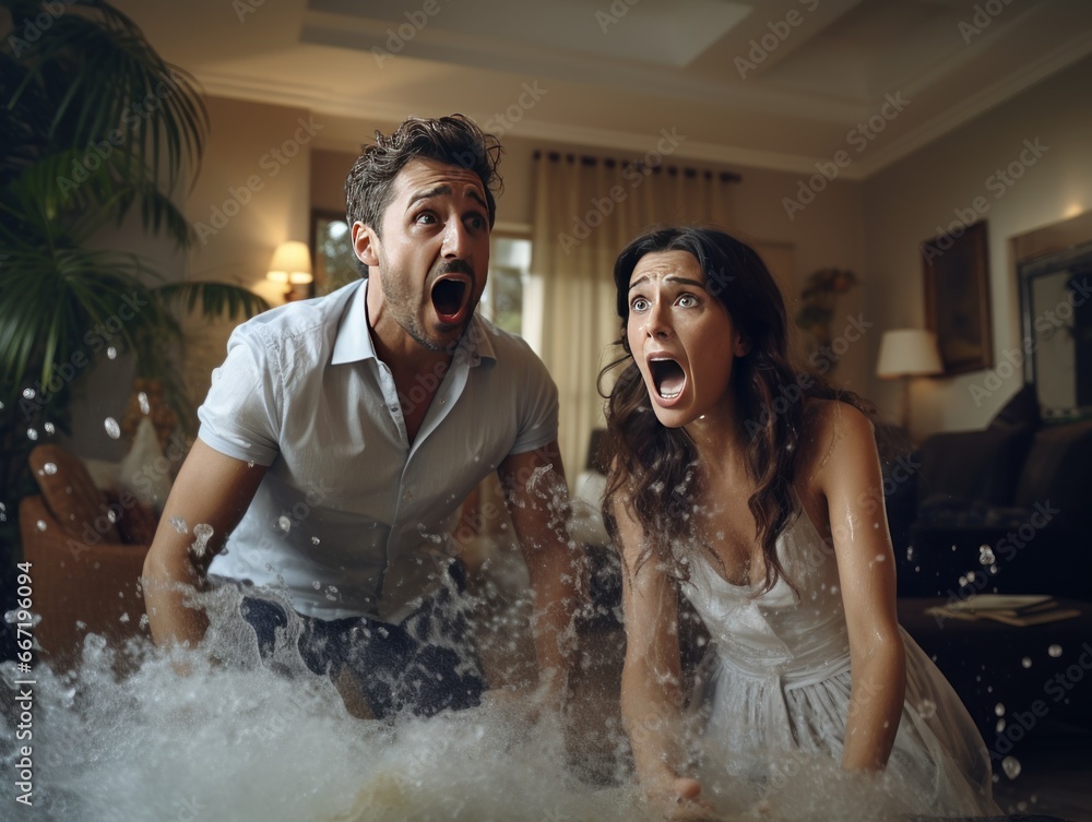 StockFoto „A shocked couple, drenched in water, reacts with wideeyed