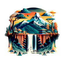 T-Shirt Design, Mount Everest Blended With Nepalese Style Templete, With A Waterfall, Realistic, Japanese Ink Style Painting, 3d Render, Illustration, Vibrant,the Spirit Of Adventure, Design T-shirt
