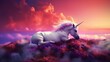 Einhorn in einer Fantasielandschaft in einer Märchenwelt. Pferd mit pinker Mähne und einem Horn auf der Stirn.