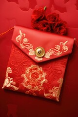 Sticker - beautiful asian style red envelope on table. AI Generated