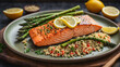 Perfectly grilled salmon fillet with a drizzle of zesty lemon, served with a side of steamed asparagus and quinoa. Healthy and balanced dinner