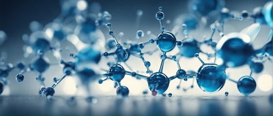 Wall Mural - yaluronic acid molecules. Hydrated chemicals, molecular structure and blue spherical molecule