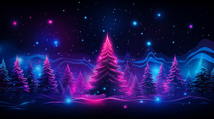 Merry Christmas and happy New Year background. Neon banner, poster, blue, pink, purple