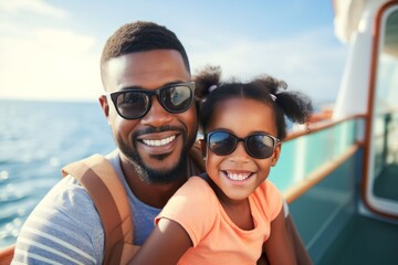 Wall Mural - African child girl traveling on a cruise ship with their father enjoying the beautiful sunny atmosphere on board