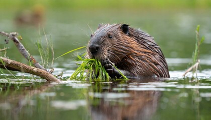 wet eurasian beaver castor fiber eating leaves in swamp in summer aquatic rodent gnawing greens in water brown mammal holding twigs in lake