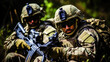 focused soldiers in uniform, armed and vigilant