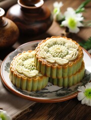 Wall Mural - Chinese mid autumn festival mooncake on wooden table, AI Generated