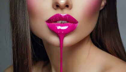 pink paint heart dripping lipgloss drops on sexy lips bright liquid paint on beautiful model girl s mouth black skin lipstick make up beauty face makeup close up love valentine s day concept