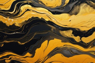 Wall Mural - The Art of Suminagashi. Very nice yellow and black paint with gold line. Golden swirl, artistic design. The style includes swirls of marble or ripples of agate. Elegant composition.